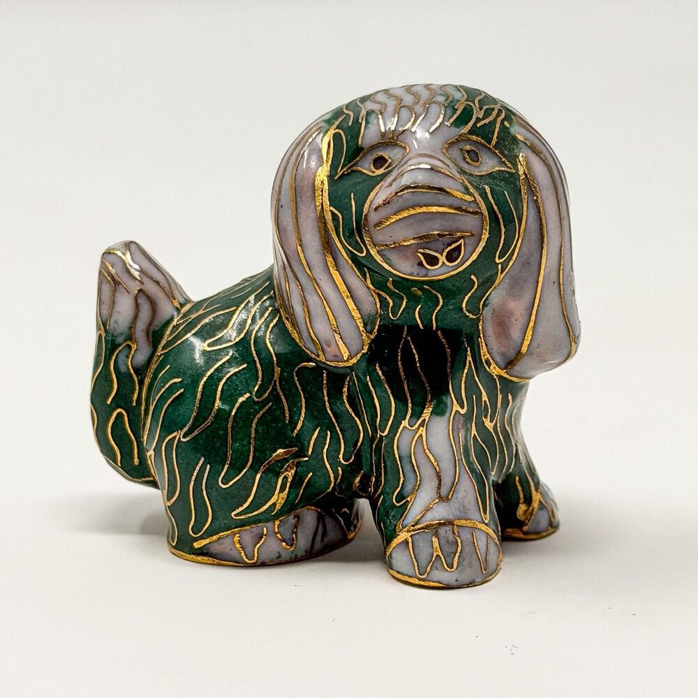 Vintage Cloisonné Dog Figurine Green Gold Enamel 1950s Small Japan